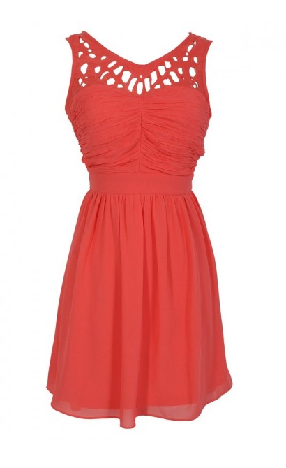 Laser Cut Chiffon Dress in Coral